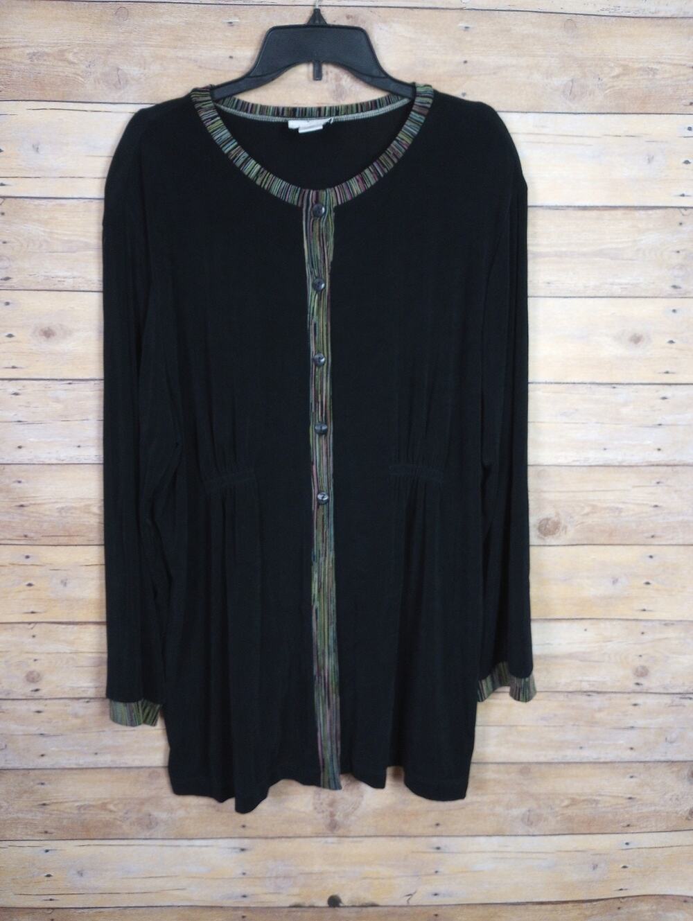 Women Shirt 2X Black Green Pink Trim Long Sleeve The Travel Collection